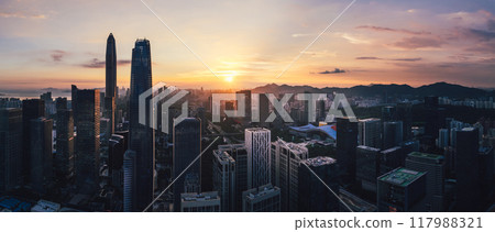 Aerial panorama view of landscape in sunset Shenzhen city,China Aerial panorama view of landscape in sunset Shenzhen city,China 117988321