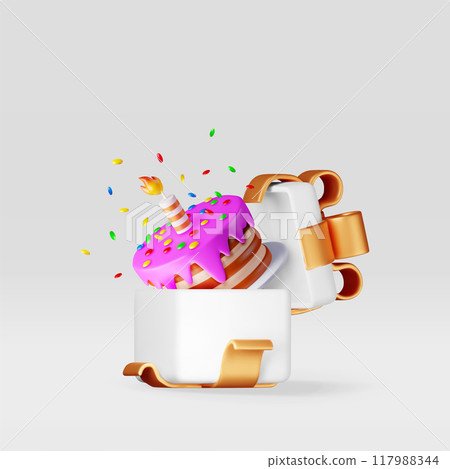 3D cake with candle with confetti in gift box 117988344