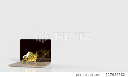 The Gold Bull on laptop for Business concept 3d rendering. The Gold Bull on laptop for Business concept 3d rendering. 117988382