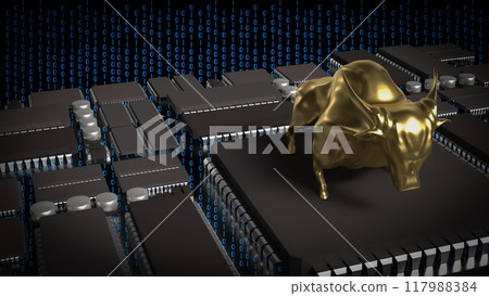 The Gold Bull on pcb Board for Business concept 3d rendering. 117988384