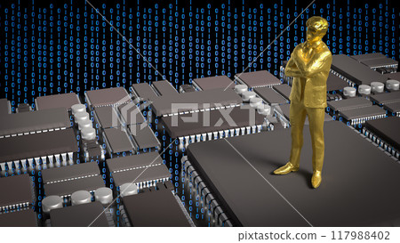 The gold man on pcb board for business or technology concept 3d rendering. The gold man on pcb board for business or technology concept 3d rendering. 117988402