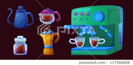 Barista coffee machine set for shop or cafe vector Barista coffee machine set for shop or cafe vector 117988666