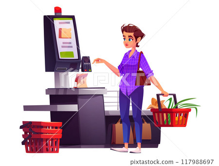 Woman at self kiosk checkout for payment in store 117988697