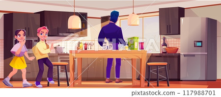 Man near fridge and children in kitchen cartoon Man near fridge and children in kitchen cartoon 117988701