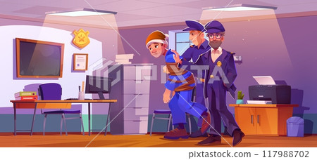 Thief with detective in police station interior Thief with detective in police station interior 117988702