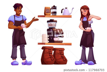 Cafe barista and coffee cup to drink in machine 117988703