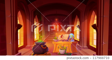 Potion boiling in witch cauldron in castle room 117988710
