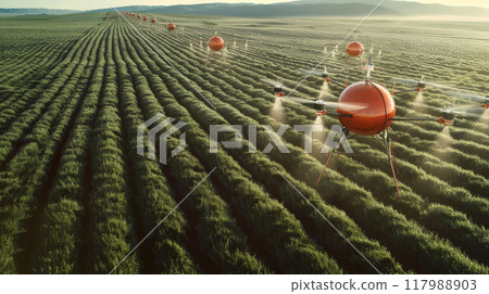 Fleet of Agricultural Drones Over Farmland - High-Tech Farming with Precision Spraying 117988903