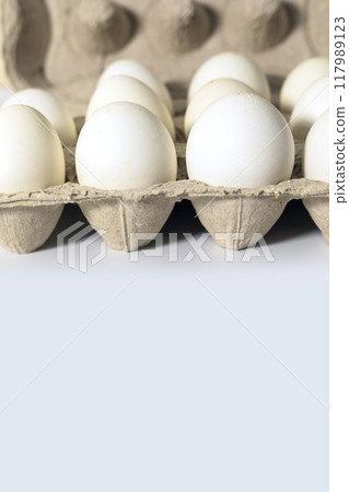 White eggs in a carton box on white background with copy space 117989123