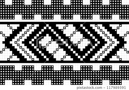 Traditional cross stitch embroidery, geometric style ornament, seamless pattern. Pixel art decorative ethnic texture. 117989391
