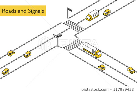 一輛汽車在帶有交通燈的丁字路口行駛，一個簡單的線條畫等軸圖 117989438