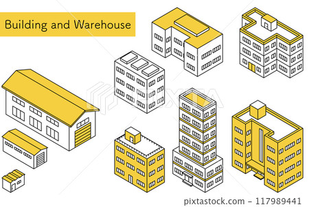 Buildings, warehouses and other buildings, simple line drawing isometric illustrations Buildings, warehouses and other buildings, simple line drawing isometric illustrations 117989441