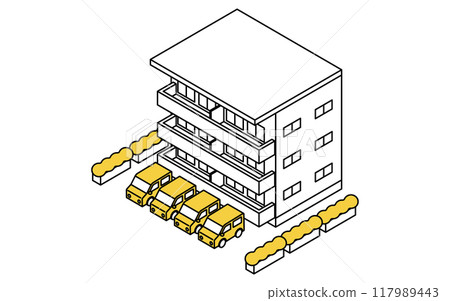 帶停車場的出租公寓，簡單的線條畫等軸圖 117989443