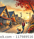 A child walking his dog at dusk 117989516