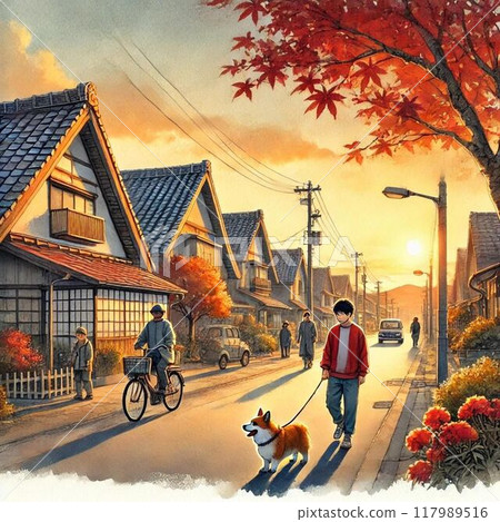 A child walking his dog at dusk 117989516
