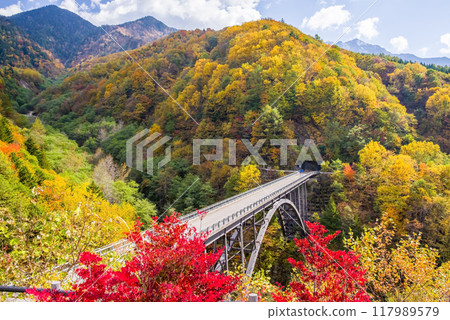 Okuhida Onsen Village at the peak of autumn foliage (Northern Alps Bridge) Okuhida Onsen Village at the peak of autumn foliage (Northern Alps Bridge) 117989579