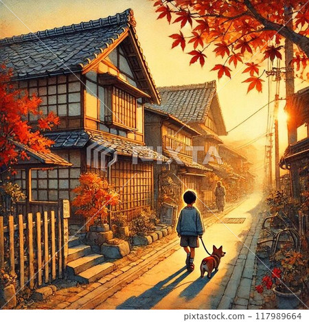 Walking a child and a dog on an autumn evening 117989664