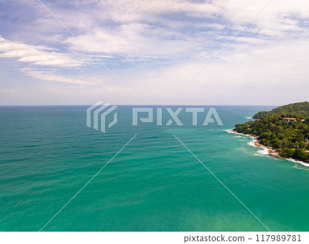 Drone view Beautiful clouds blue sky over sea in high season at Phuket Thailand 117989781