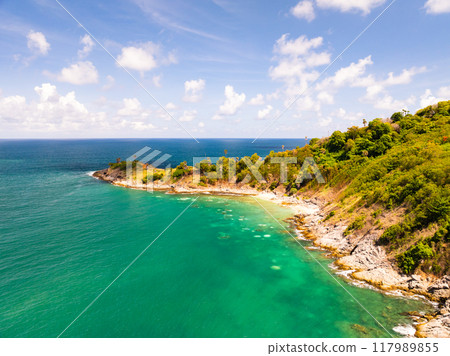Drone view Beautiful clouds blue sky over sea in high season at Phuket Thailand Drone view Beautiful clouds blue sky over sea in high season at Phuket Thailand 117989855