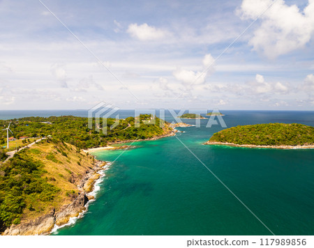Drone view Beautiful clouds blue sky over sea in high season at Phuket Thailand 117989856