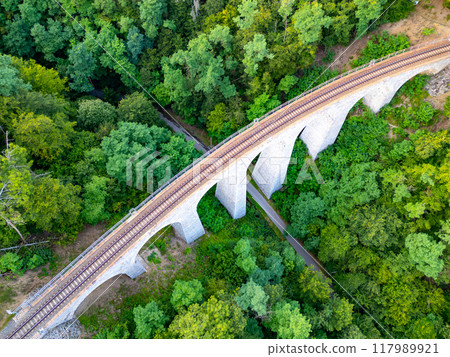 The Zampach stone railway bridge arches gracefully over lush green trees in Czechia, showcasing a blend of natural beauty and remarkable engineering. The Zampach stone railway bridge arches gracefully over lush green trees in Czechia, showcasing a blend of natural beauty and remarkable engineering. 117989921