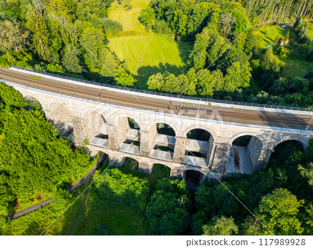 Aerial view of the Sychrov Railway Bridge showcasing its arches above lush greenery, highlighting the natural landscape in Czechia. Aerial view of the Sychrov Railway Bridge showcasing its arches above lush greenery, highlighting the natural landscape in Czechia. 117989928