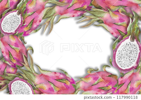 Watercolor illustration frame of red dragon fruit, pitahaya halves. Botanical composition frame of pitahaya pieces for vegetarian exotic food design Watercolor illustration frame of red dragon fruit, pitahaya halves. Botanical composition frame of pitahaya pieces for vegetarian exotic food design 117990118
