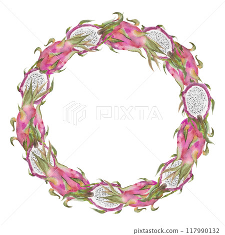 Watercolor illustration frame of red dragon fruit, pitahaya halves. Botanical composition frame of pitahaya pieces for vegetarian exotic food design 117990132