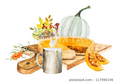 Watercolor illustration of pumpkin pie with pumpkin, glass teapot with tea and autumn bouquet. Hand drawn autumn cozy composition with pie, teapot with tea, cutting board and rug Watercolor illustration of pumpkin pie with pumpkin, glass teapot with tea and autumn bouquet. Hand drawn autumn cozy composition with pie, teapot with tea, cutting board and rug 117990146