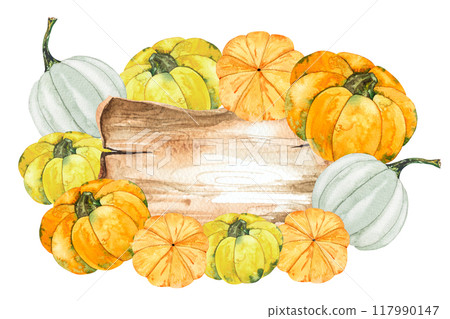 Autumn composition of pumpkins and a wooden board with a place for text. Watercolor illustration, autumn pumpkins, vegetables, fruits, berries and a wooden board 117990147