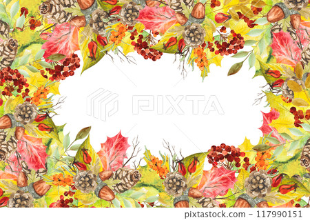 Watercolor Autumn frame made of leaves, berries, fruits, vegetables, pine cones and branches. Watercolor illustration of hand-drawn autumn decor with space for text 117990151