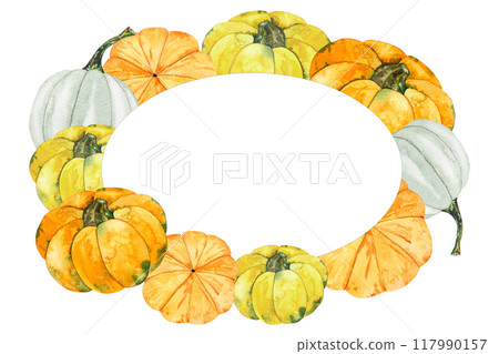 Autumn pumpkin frame with place for text.Watercolor illustration,autumn pumpkins,hand drawing Autumn pumpkin frame with place for text.Watercolor illustration,autumn pumpkins,hand drawing 117990157