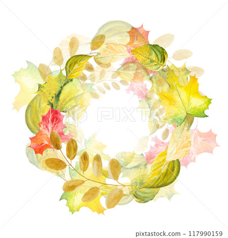 Watercolor Autumn frame made of leaves, berries, fruits, vegetables, pine cones and branches. Watercolor illustration of hand-drawn autumn decor with space for text 117990159