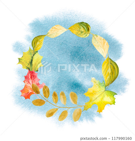 Watercolor Autumn frame made of leaves, berries, fruits, vegetables, pine cones and branches. Watercolor illustration of hand-drawn autumn decor with space for text 117990160