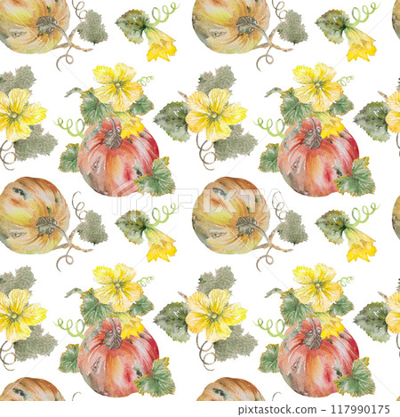 Seamless pattern with pumpkins. Hand drawn watercolor illustration of pumpkin, seamless pattern with pumpkins and flowers Seamless pattern with pumpkins. Hand drawn watercolor illustration of pumpkin, seamless pattern with pumpkins and flowers 117990175