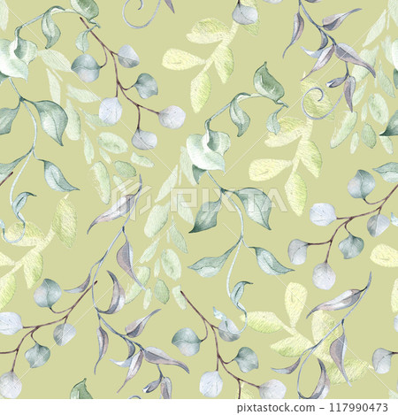 Watercolor seamless greenery pattern with twigs eucalyptus, leaves in sage green isolated. Botany background with repeating branches in pastel tones hand drawn for design textile. Foliage texture. 117990473