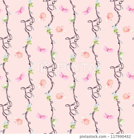 Watercolor pink butterflies, gentle flowers and twigs watercolor seamless pattern on pink. Tree on repeating background design textile. Vertical curly lines hand drawn botany wallpaper, package. 117990482
