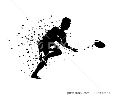 Rugby player passing ball, isolated vector silhouette 117990544