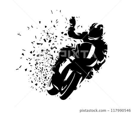 Motorbike rider celebrates victory. Isolated vector silhouette. Ink drawing. Motorsport racing 117990546