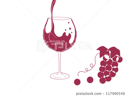倒入博若萊新酒的玻璃和葡萄 117990548