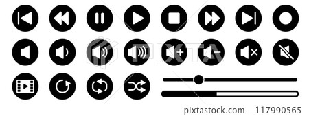 一組用於視訊和音樂播放的操作按鈕圖標 117990565