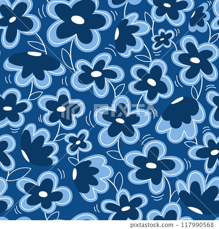 Gentle seamless pattern with blue and white flowers on dark blue background Gentle seamless pattern with blue and white flowers on dark blue background 117990568