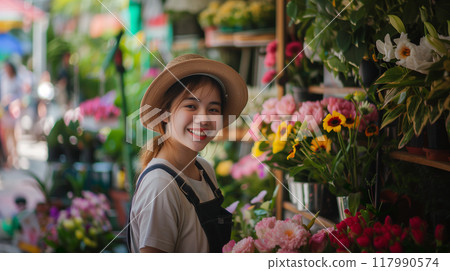 Cute female flower shop clerk 117990574