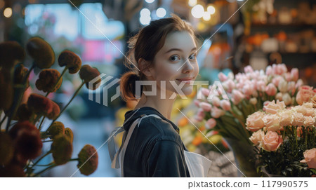 Cute female flower shop clerk 117990575