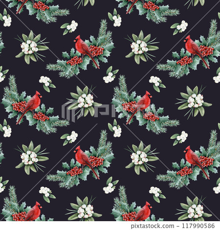 Watercolor red cardinal bird on pine branch with ilex holly berries and snowberry seamless pattern on dark blue black. Stylish background for winter holidays with Christmas plants for New Year Watercolor red cardinal bird on pine branch with ilex holly berries and snowberry seamless pattern on dark blue black. Stylish background for winter holidays with Christmas plants for New Year 117990586