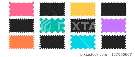 Color rectangle frames with jagged edges, torn paper, curved badges with wiggly borders Color rectangle frames with jagged edges, torn paper, curved badges with wiggly borders 117990607