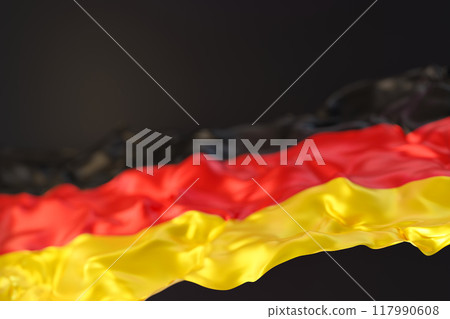 A vivid and flowing representation of the German flag, featuring bold black, red, and yellow colors rippling as if in a gentle breeze. Black background. Copy space for text. 3D render. A vivid and flowing representation of the German flag, featuring bold black, red, and yellow colors rippling as if in a gentle breeze. Black background. Copy space for text. 3D render. 117990608
