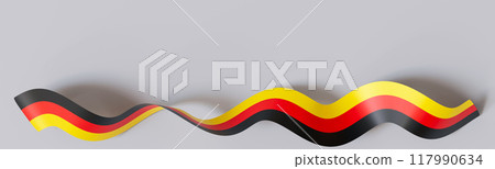 Dynamic representation of the German flag colors in a flowing, wavy form, creating a modern and artistic interpretation on a neutral grey background. Ideal for thematic and cultural presentations. 3D. 117990634
