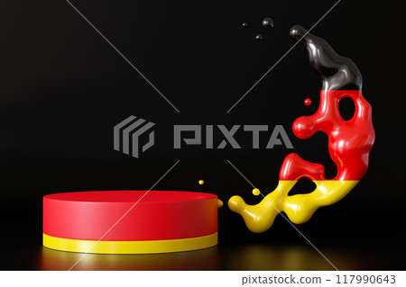 Dynamic and abstract depiction of podium in the colors of German flag - black, red, and yellow. Product display, presentation platform. Stage with copy space. 3D render. Dynamic and abstract depiction of podium in the colors of German flag - black, red, and yellow. Product display, presentation platform. Stage with copy space. 3D render. 117990643
