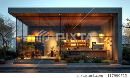 Exterior facade of cafe shop and restaurant design Minimal and Luxury style. Front elevation Wood and clear glass material with garden view 117990715
